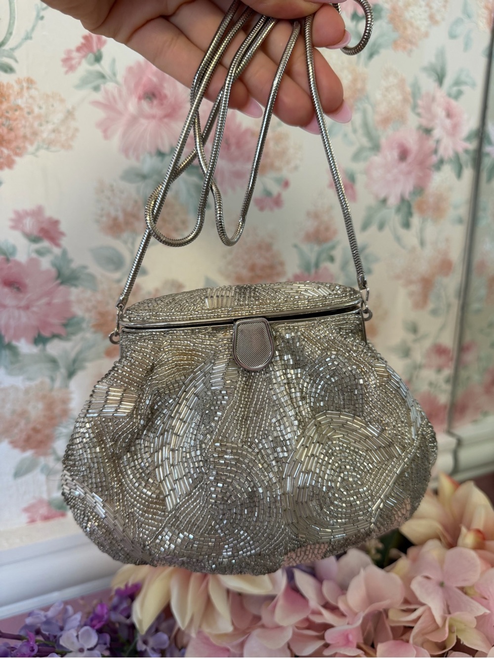 American Vintage Silver Beaded Evening Clutch with Chain Strap